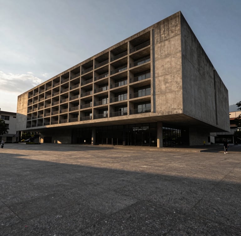 Wide-angle architectural photography of a monolithic concrete library facade in Medellín, dramatic golden-hour light casting sharp geometric shadows across a wide granite plaza.