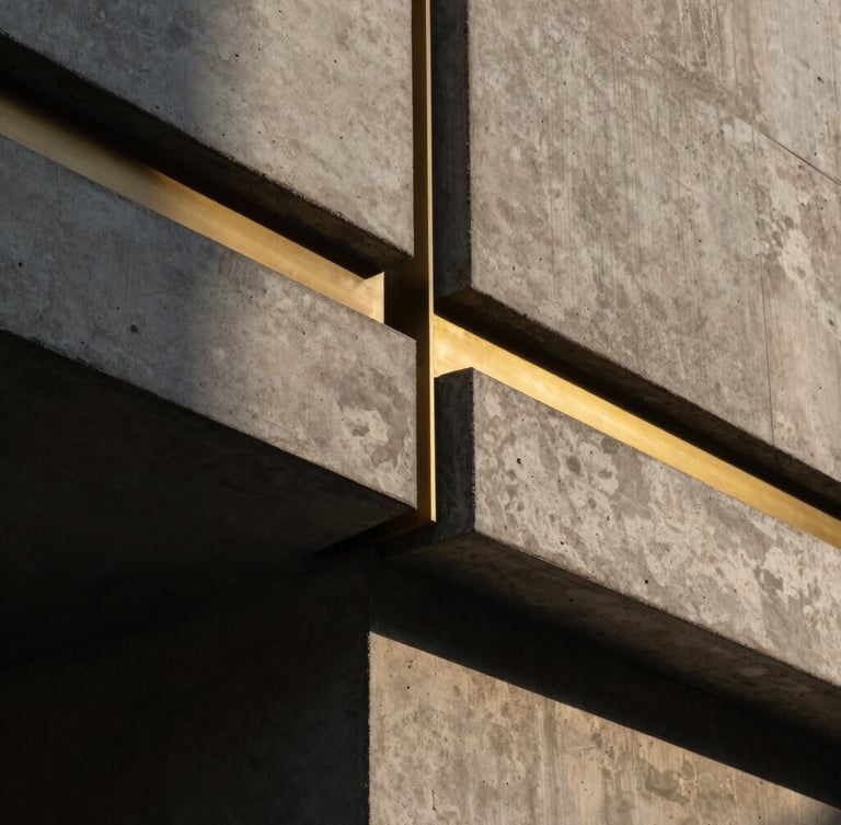 Extreme close-up architectural detail of raw concrete meeting warm brass trims, crisp natural light casting sharp geometric lines, minimalist luxury aesthetic.