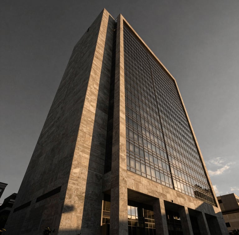 Wide-angle architectural photograph of a towering modern concrete and glass corporate headquarters in Medellín, dramatic golden-hour light, sharp geometric shadows.