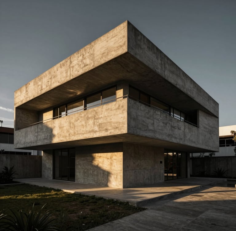 Wide-angle architectural photograph of a monolithic raw concrete residence in Medellín, sharp geometric shadows, dramatic golden hour light, high contrast.