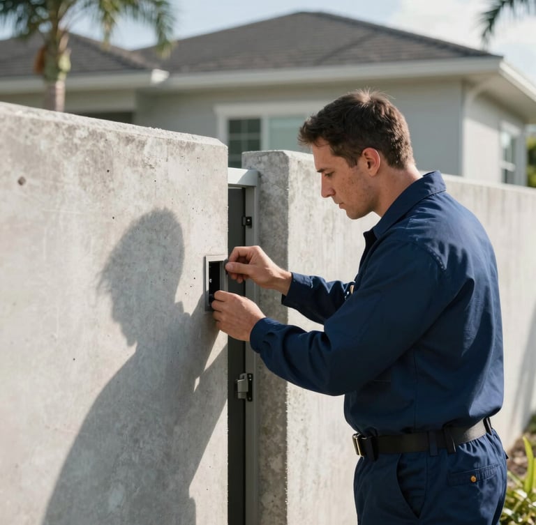 A professional technician in a crisp navy uniform inspecting a concrete home perimeter in Cape Coral, bright morning light, sharp focus on structural entry point.