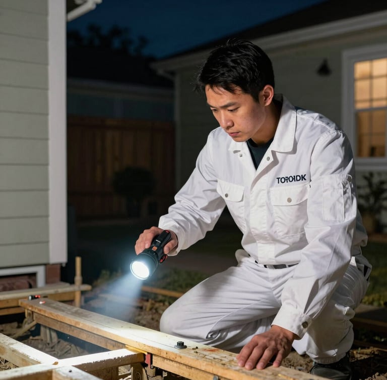 A professional technician wearing a crisp branded uniform inspecting a home foundation with a high-contrast tactical flashlight at night, emphasizing vigilance.