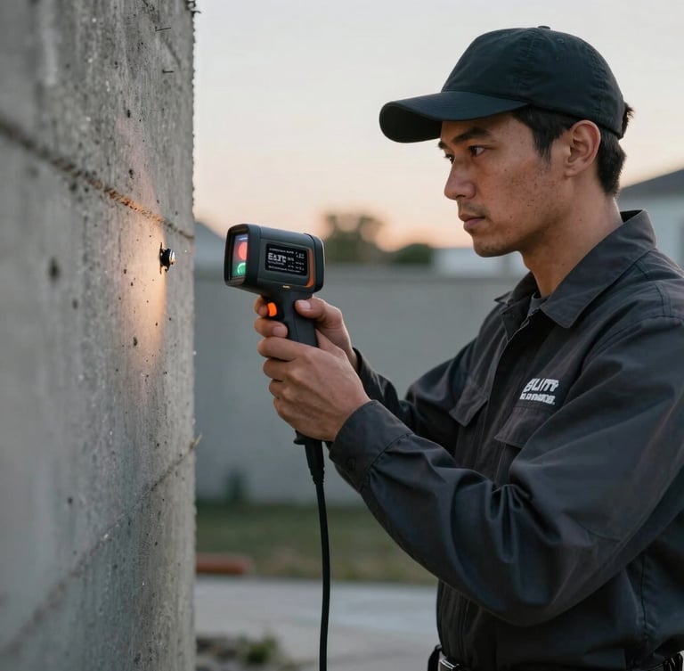 A professional Elite Pest Defense technician in a crisp dark uniform inspecting a concrete foundation wall with a high-tech thermal camera at dusk