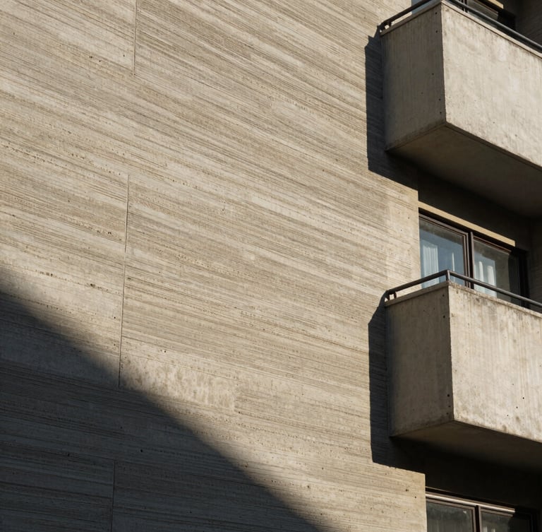 Primer plano de un muro residencial de concreto expuesto con textura de cimbra de madera, bañado por luz solar rasante que crea sombras profundas.