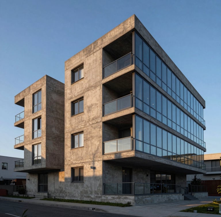 Wide-angle architectural perspective of a brutalist concrete residence at dawn, sharp geometric shadows, raw concrete texture, glass facade reflecting the blue hour sky.