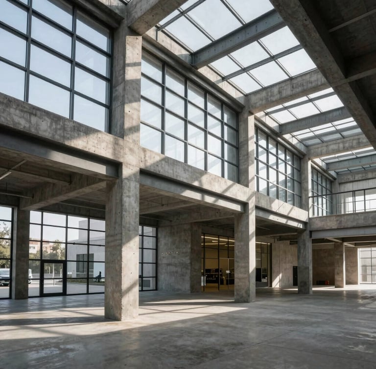 Wide-angle architectural perspective of a brutalist concrete commercial showroom, sharp morning shadows, raw steel framing, dramatic sunlight cutting through massive glass panels.