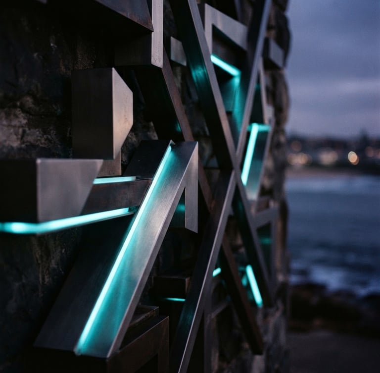 Close-up of three-dimensional metallic letters glowing with cyan LED light at dusk, ocean breeze atmosphere, sharp focus on polished steel edge, 35mm photography