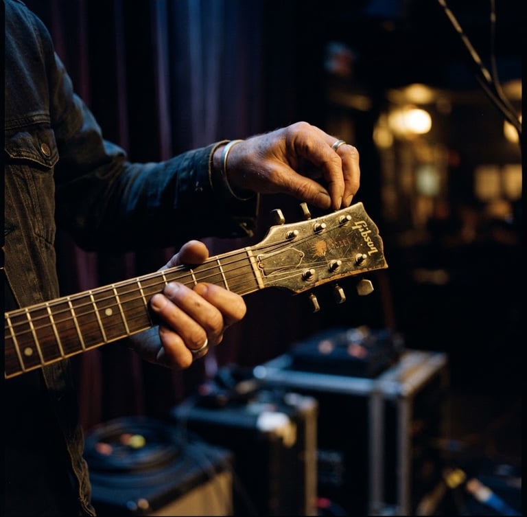 Cinematic close-up of a musician's hands tuning a vintage electric guitar backstage, warm golden incandescent light, moody shadows, 35mm film grain, elegant atmosphere