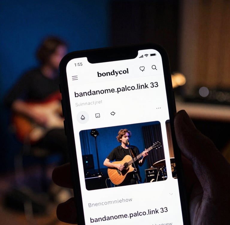 Close-up of a musician's website URL displayed prominently on a smartphone screen, showing a custom subdomain like 'bandanome.palco.link', held in a hand against a blurred background of a music studio, low-key lighting, deep blue and warm gold tones, cinematic 35mm film grain.