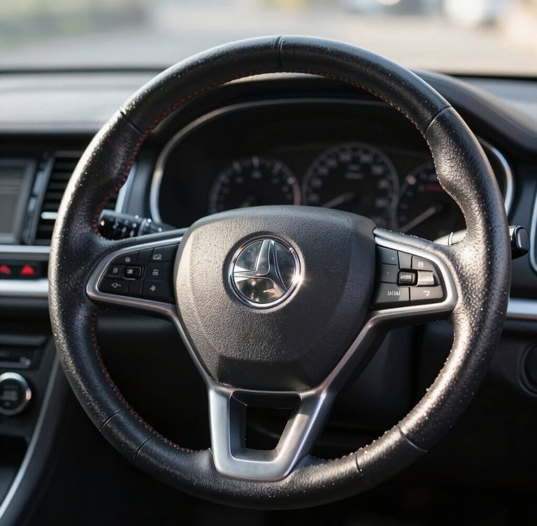 Eye-level close-up of a meticulously sanitized car steering wheel and dashboard, bright morning sun reflecting off clean surfaces, sharp focus, 35mm lens