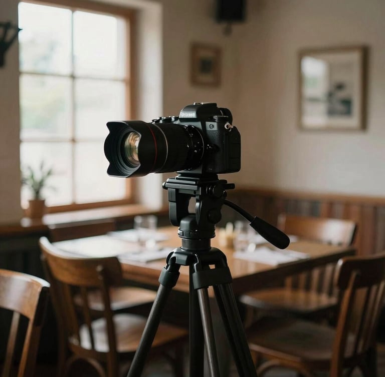 Moody editorial photography of a professional camera on a tripod in a rustic restaurant dining room, soft natural window light, a photographer adjusting the lens, warm tones, shallow depth of field.