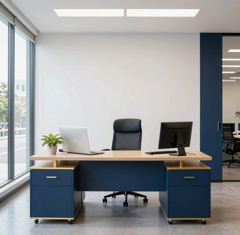 Straight-on medium shot of a clean modern corporate office workspace in Tampa, bright natural light, navy blue and gold accents, crisp focus, professional editorial style.