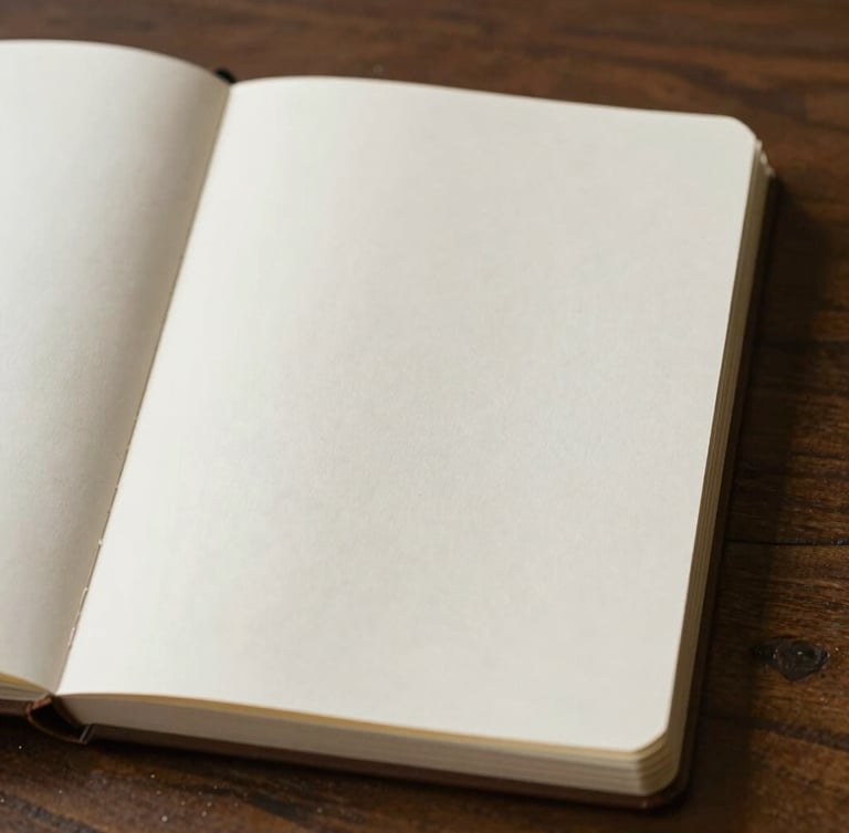 Portrait orientation. Soft, north-facing daylight illuminating a single open notebook on a dark wooden table, blank textured paper, minimalist composition with generous negative space.