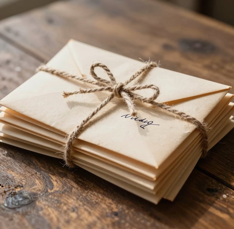 A close-up of a stack of old, handwritten letters tied with a simple cotton string, resting on a rustic wooden table under soft, natural north-facing daylight.
