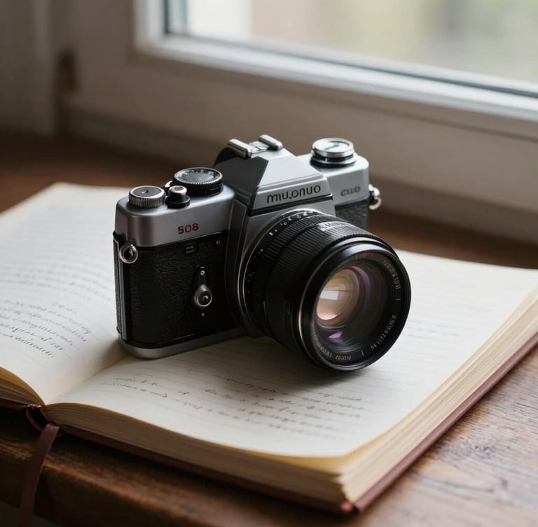 Vue rapprochée d'un appareil photo argentique des années 1980 posé sur des carnets de notes manuscrits, lumière douce du matin par la fenêtre.