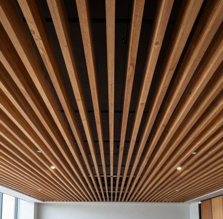 Symmetrical architectural straight-on shot of a corporate boardroom ceiling with perfectly aligned acoustic wood slats, dramatic lighting casting deep shadows.