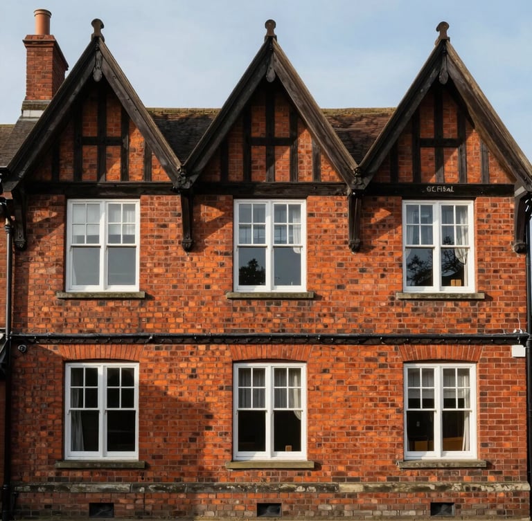 Straight-on eye-level view of a classic red brick Victorian facade in Alderley Edge, detailed timber gables under soft morning daylight.