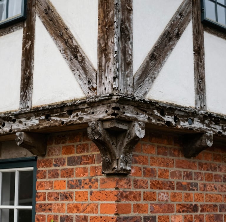 Close-up detail of historic timber joints and clean brickwork on a restored English estate, soft diffused daylight, eye-level perspective.