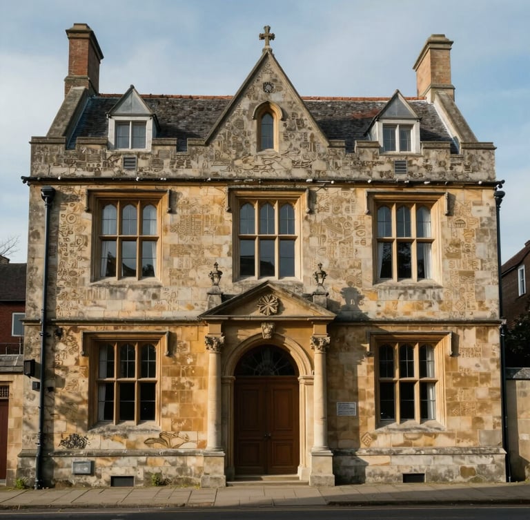 Straight-on eye-level architectural perspective of a historic stone building facade in Cheshire, soft diffused morning sun, natural shadows, no people.