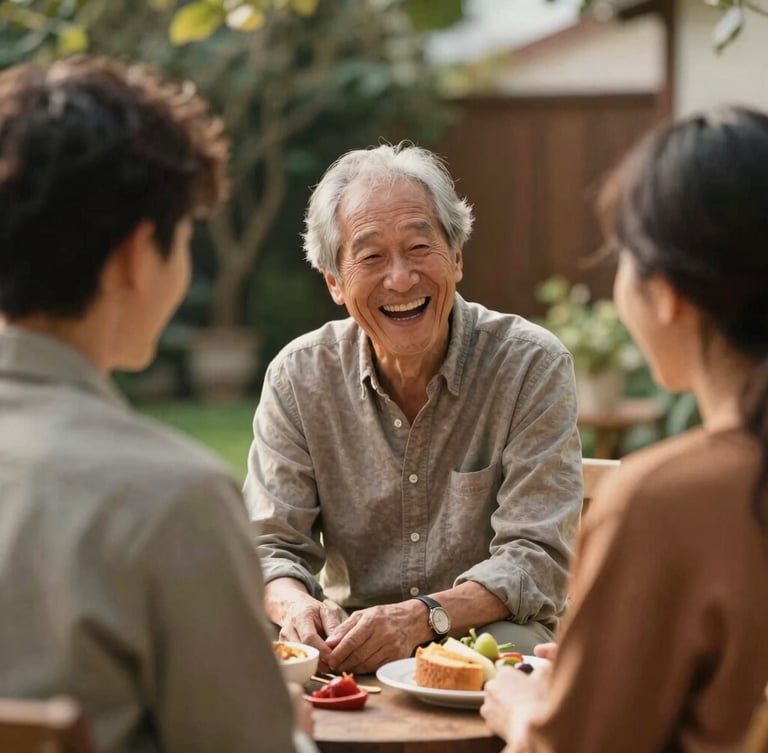 A joyful family reunion in a warm backyard, an older relative laughing with a younger adult, rich organic tones, shallow depth of field.