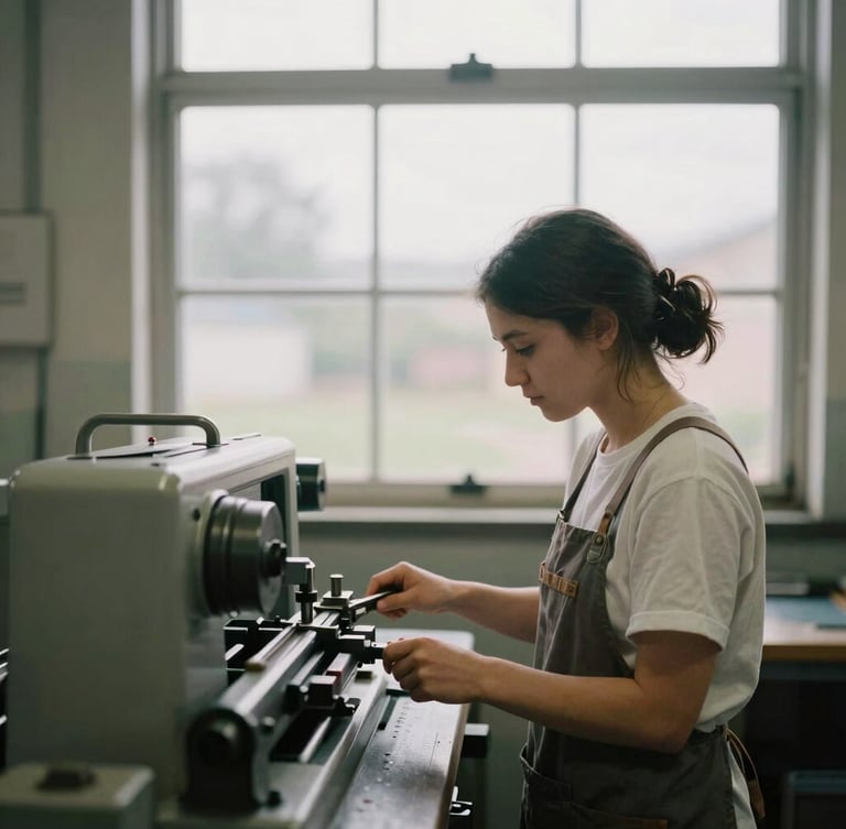 Medium-wide environmental portrait of a young female apprentice operating a precision lathe, natural overcast daylight from a high warehouse window, muted organic tones.