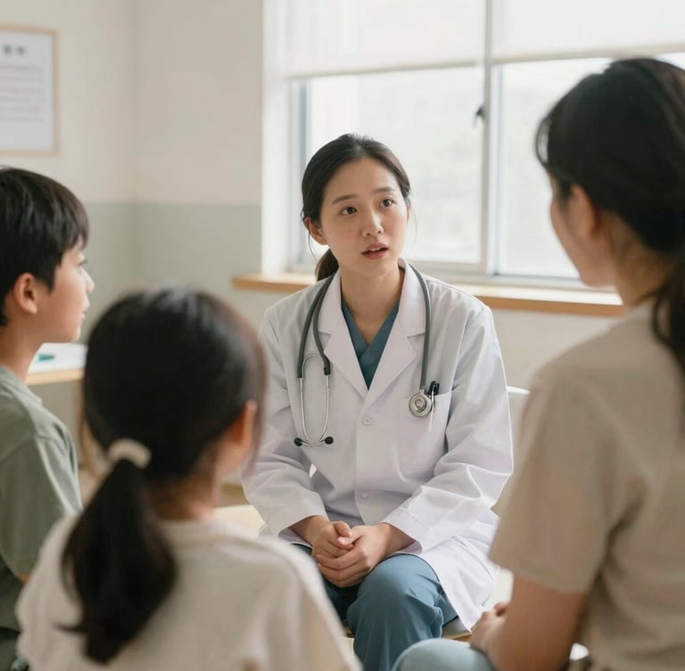 A healthcare worker in a local community clinic, naturally lit by soft overcast daylight, speaking with a family in a warm, authentic setting.