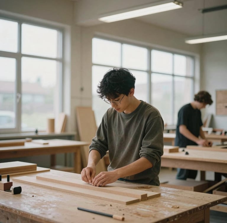 A medium-wide environmental portrait of a student in a modern vocational woodworking shop, natural overcast light through high windows, focused on hands-on learning, muted organic tones.