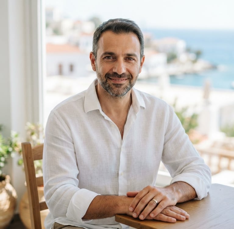 Warm professional portrait of a male hypnotherapist, bright editorial photography, natural Mediterranean daylight, clean soft shadows, looking calmly at the camera, wearing a white linen shirt, blurred light blue background.