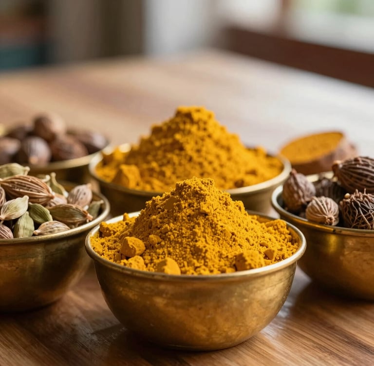 Close-up of vibrant turmeric, cardamom, and cumin piled high in brass bowls on a wooden counter, soft natural light.