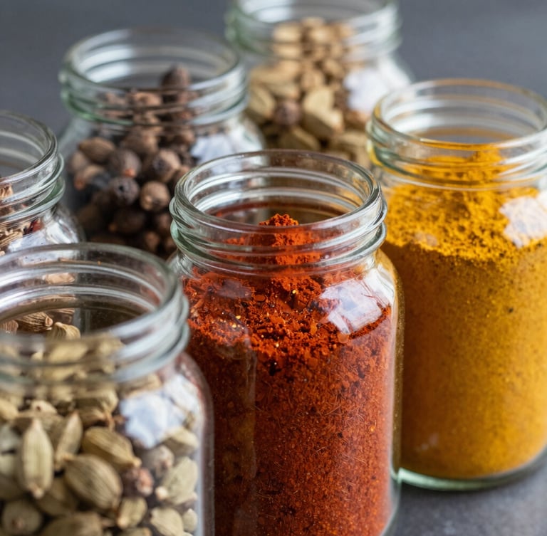 Close-up of glass jars filled with colorful South Asian spices like red chili powder, yellow turmeric, and whole cardamom pods, soft natural lighting.