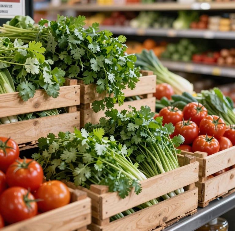 Warm natural daylight spilling over neatly stacked fresh produce in wooden crates, vibrant green cilantro and red tomatoes in focus, soft store background.