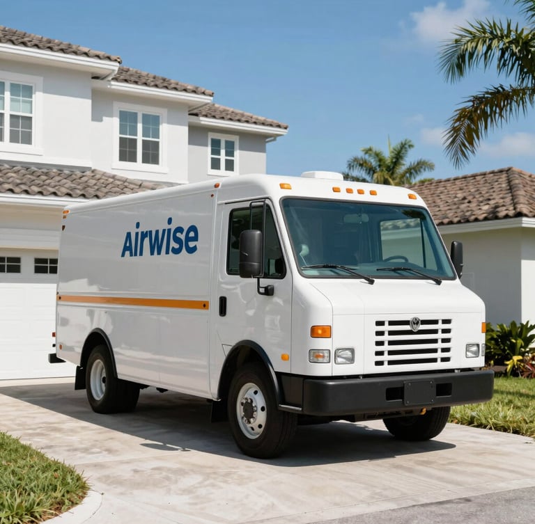 Branded Airwise service truck parked in a sunny Cape Coral driveway, bright high-noon Florida sun casting crisp shadows, clean modern residential home in the background.