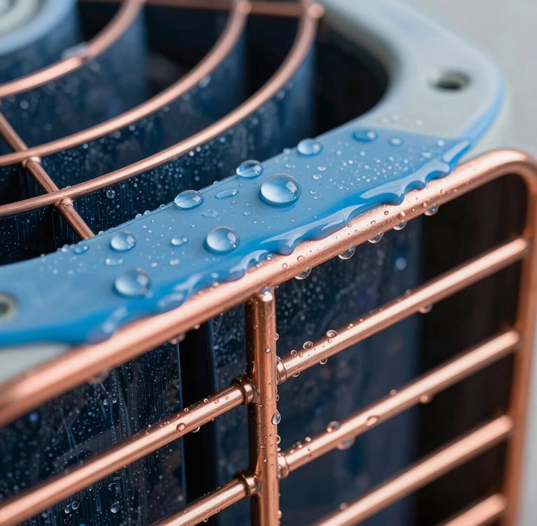 Macro close-up of copper air conditioner coils coated in a specialized protective blue marine-grade barrier, with water droplets condensing perfectly on the clean surface