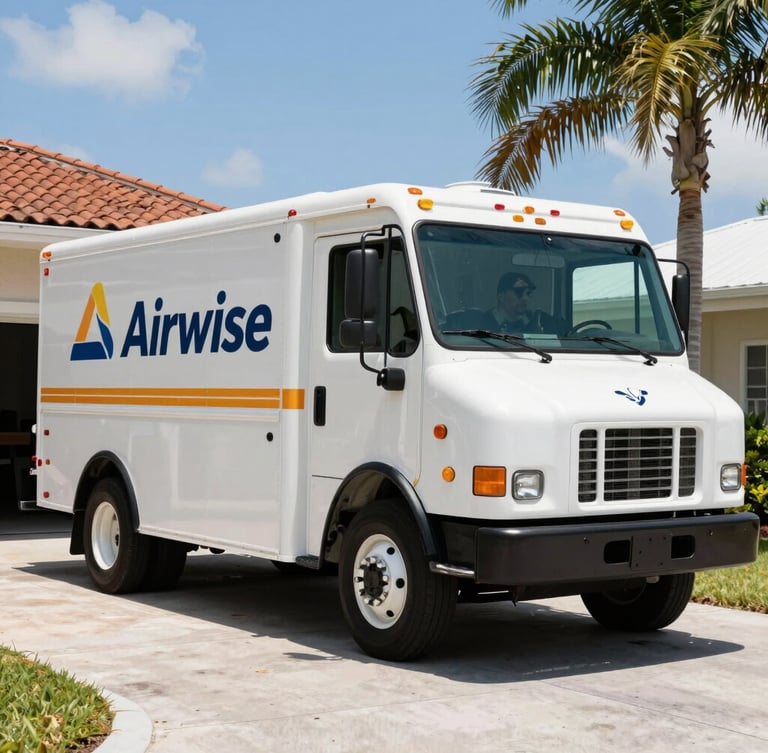 Medium shot of a clean Airwise service truck parked in a sunny Cape Coral driveway, bright high-noon Florida sun casting sharp shadows, professional technician in uniform visible.