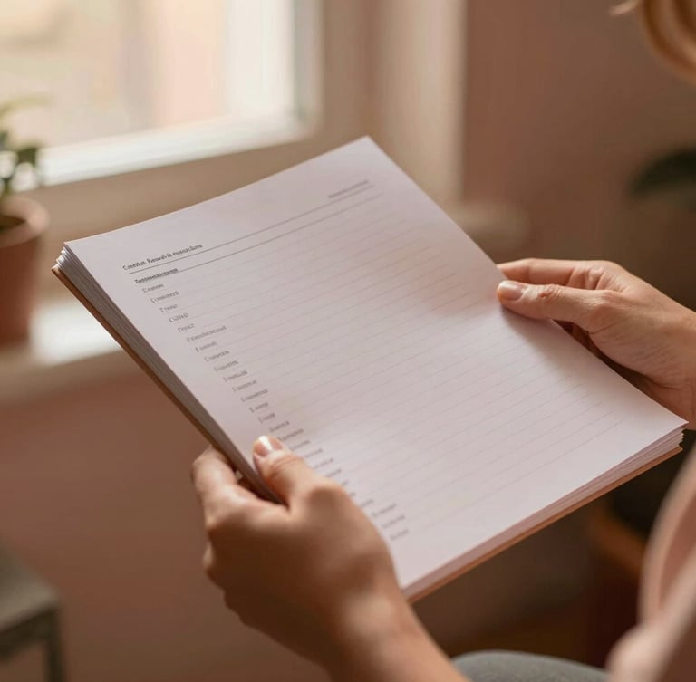 A warm, painterly shot of hands holding a printed workbook, soft-focus natural textures, warm terracotta and blush tones, shallow depth of field