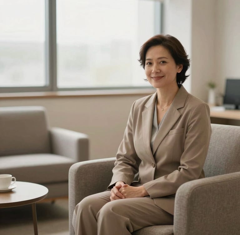 Warm editorial photography of a modern clinical psychology office, soft natural window light, comfortable armchairs, neutral earthy tones, shallow depth of field