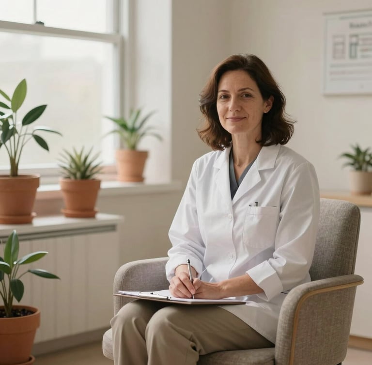 Warm editorial photography of a modern clinical consultation room, soft natural window light, a comfortable fabric armchair, olive green plants in terracotta pots, shallow depth of field, serene and quiet atmosphere