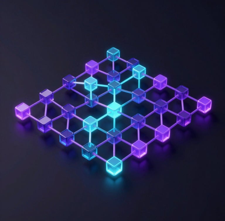 Sleek 3D render of a glowing network node map, neon violet and cyan accents, dark ambient background, isometric angle
