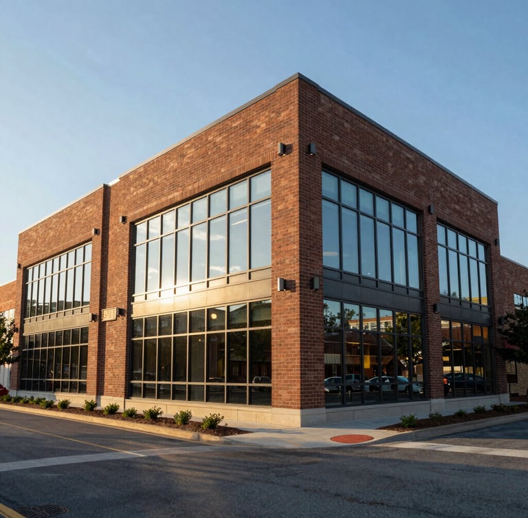 Wide-angle architectural perspective of a clean, modern brick and glass commercial exterior in Columbia SC during morning golden hour, sharp lines, blue sky
