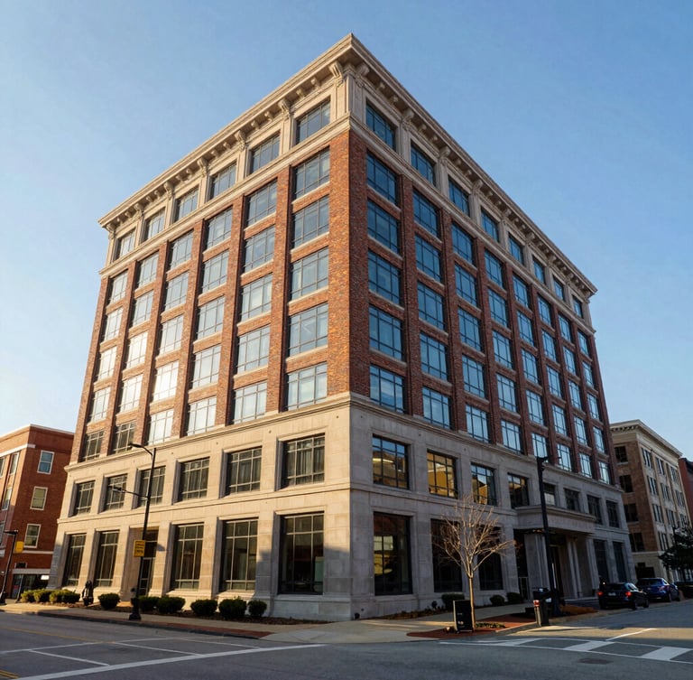 Wide-angle architectural perspective of a classic brick and glass commercial office building in downtown Columbia, SC, captured in crisp morning light with long shadows and clear sky.