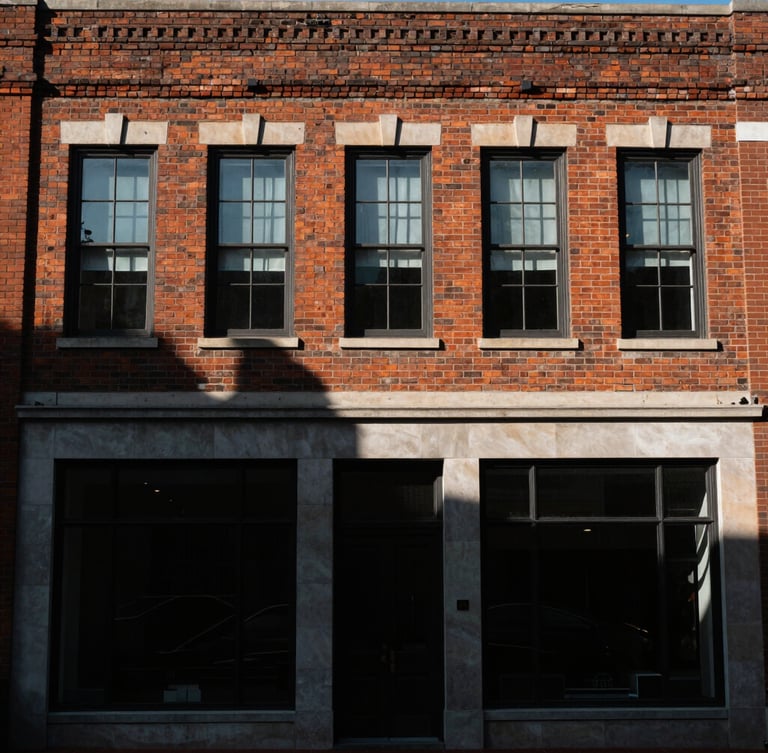 Sharp, high-contrast architectural crop of a historic brick commercial facade in Columbia SC, crisp afternoon sun casting deep shadows, clean glass windows.