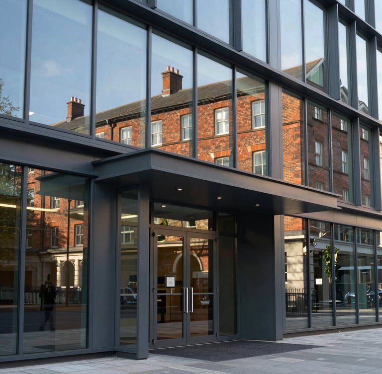 Close-up of a modern office park entrance in the Midlands, clean glass panels reflecting historic brickwork, sharp afternoon lines.