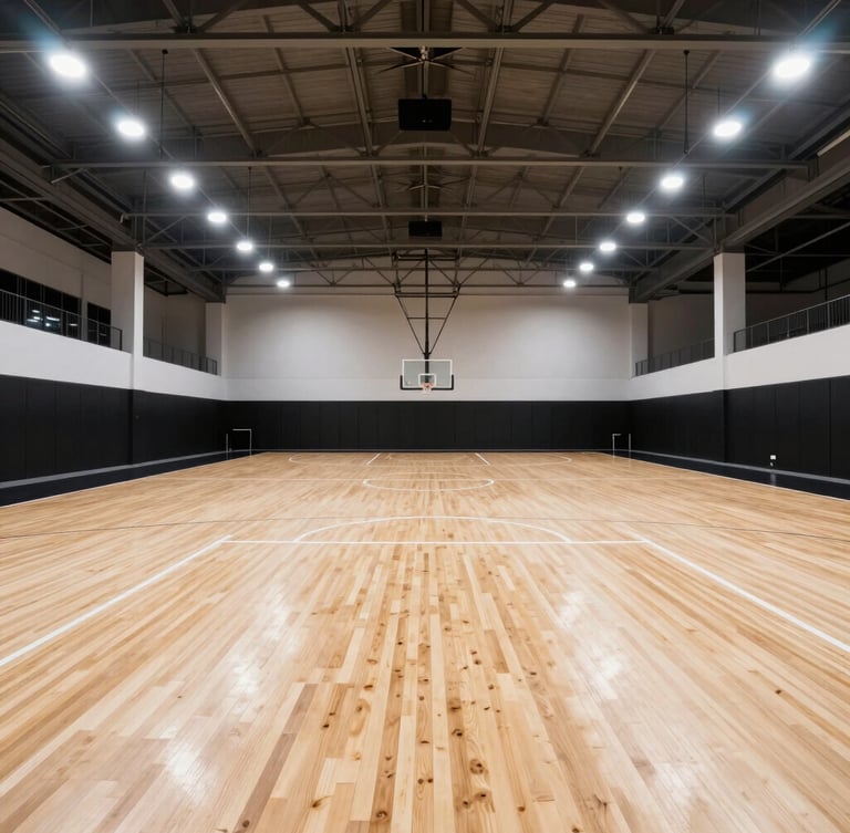 Sharp architectural sports photography of a premium maple indoor basketball court, straight-on view of interlocking wooden joints, bright stadium floodlights, high-contrast industrial tones.