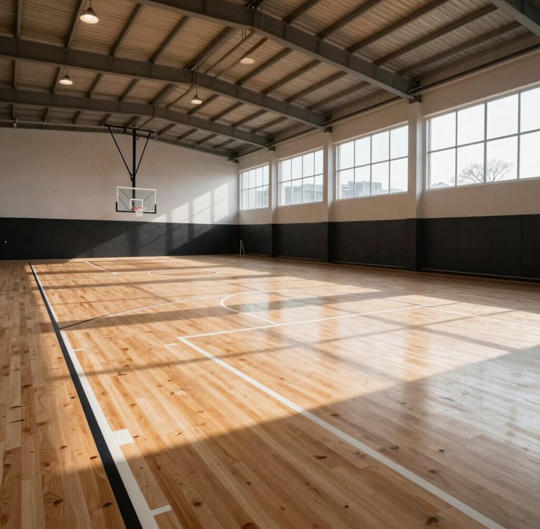 Sharp architectural sports photography of a freshly completed indoor wooden basketball court, bright crisp daylight, high-contrast lines, wide-angle lens