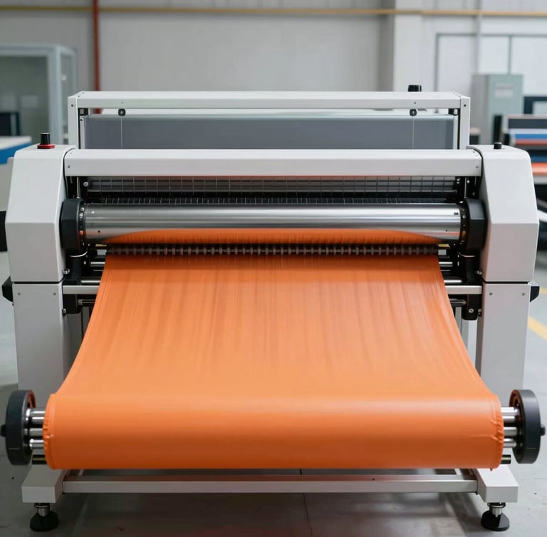 A clean, straight-on architectural shot of a modern sublimation printing machine in operation, bright daylight, safety orange fabric feeding through high-contrast steel rollers.