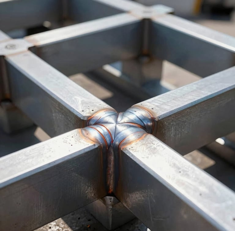 Macro detail shot of high-strength steel equipment welds, industrial machinery in operation, bright crisp daylight, sharp architectural lines