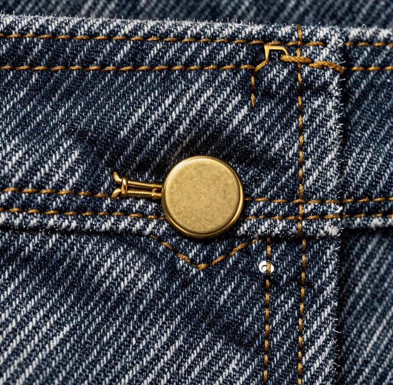 Macro close-up of premium denim stitching and gold hardware, high-contrast studio lighting, sharp details