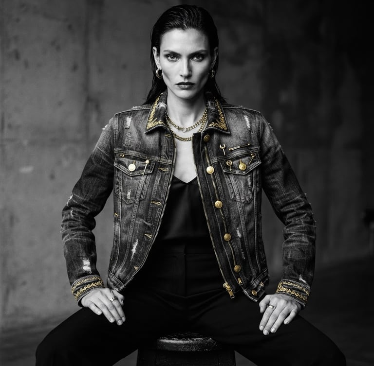 Premium editorial fashion photography of a model in custom-wash denim jacket, crisp studio lighting, high-contrast monochrome with gold accents, sharp details, 35mm