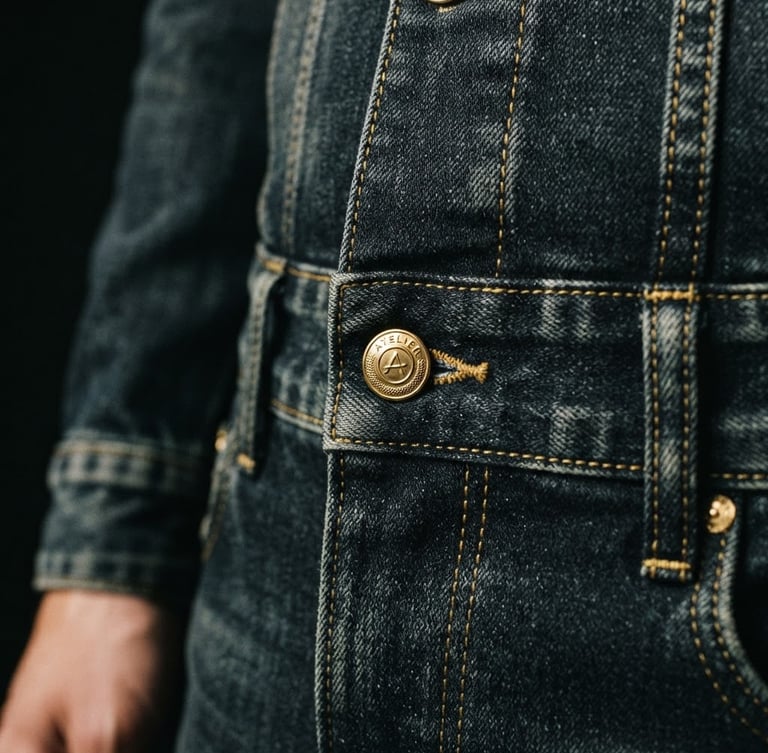 Premium editorial fashion photography, crisp studio lighting, high-contrast monochrome with gold accents, close-up of custom-wash denim stitching and gold hardware details, 35mm