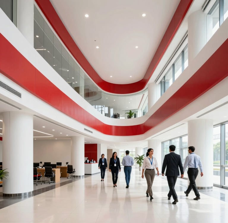Bright architectural photography of a commercial office interior in Kolkata, professional agents walking the floor, natural daylight, 24mm wide-angle lens